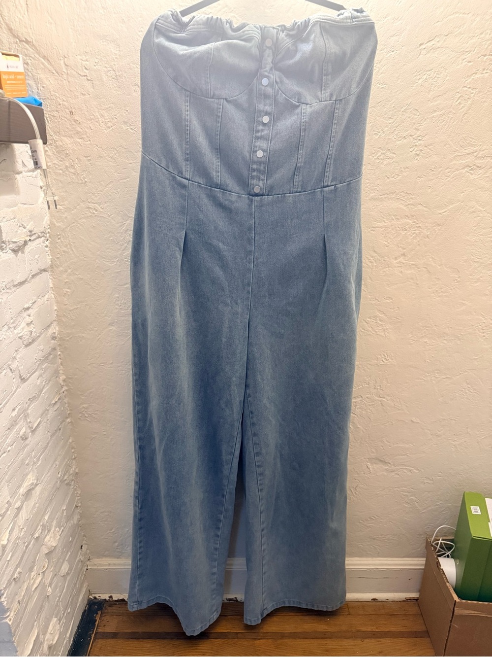 Fashion Nova Light Blue Strapless Wide-Leg Denim Jumpsuit